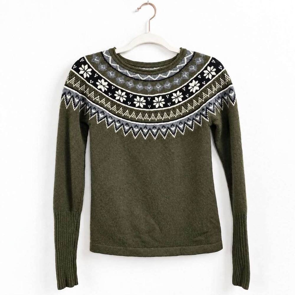 SKHOOP Fair Isle Sweater Women XS Olive Green Lambswool Nordic Yoke Pullover